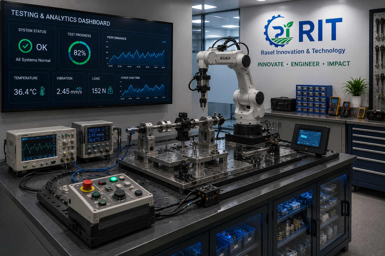 Engineering testing bench, illustrative image